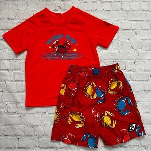 Laguna Toddler Boy Size 4 Swim Set Rash Guard & Shorts Trunks Orange Red Crab